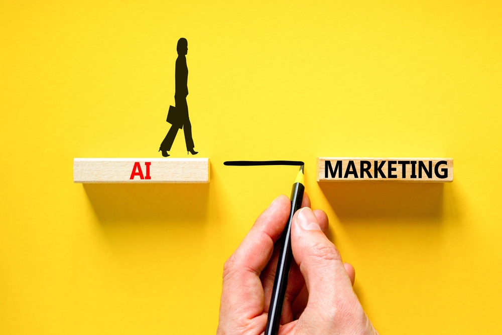 An image of a man walking on a path between two contrasting worlds, one representing Artificial Intelligence (AI) and the other symbolizing Marketing.