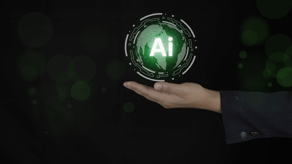Hand holding a holographic AI symbol, symbolizing Dapper Sites' cutting-edge AI website builder technology.